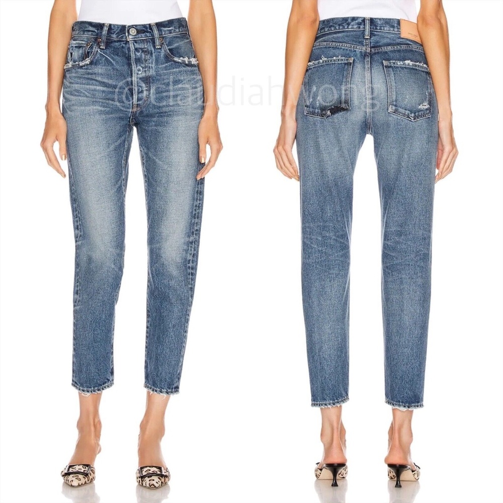 MOUSSY VINTAGE Distressed Tapered Straight Leg Jeans in Blue